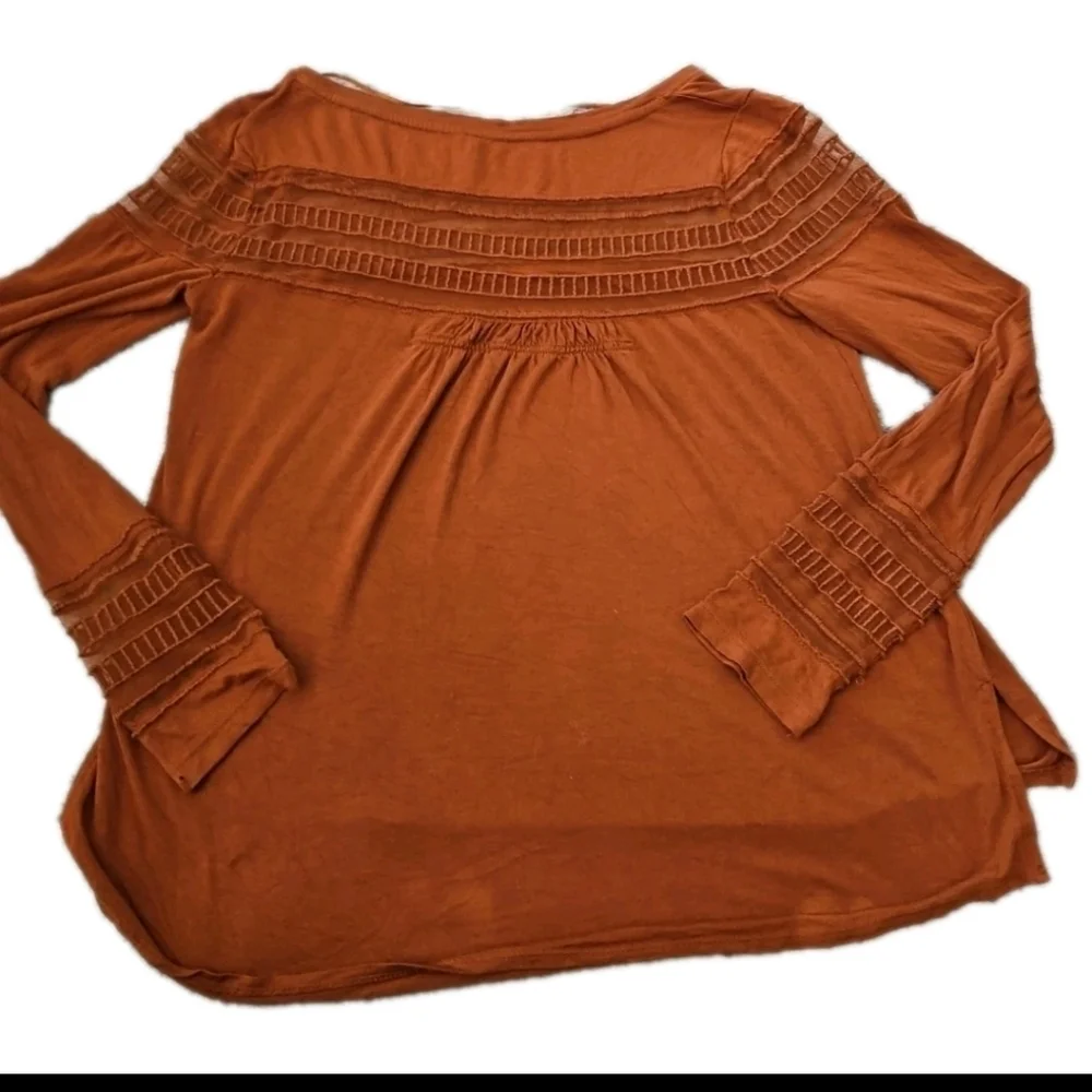 Free People Womens Brown Mesh Inset Tee Casual Trendy Long Sleeve Top S